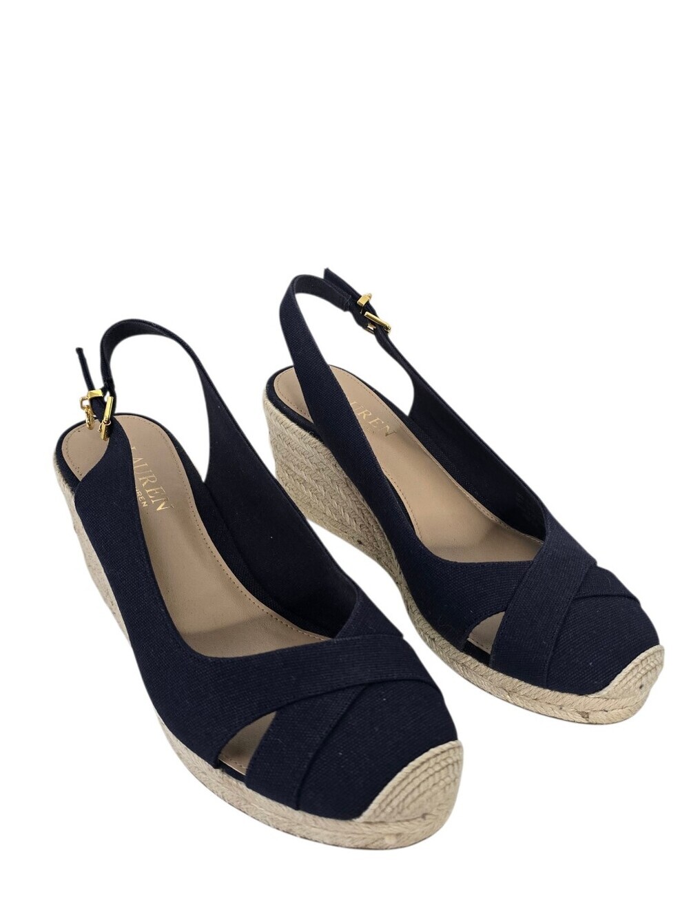 Lauren Ralph Lauren Navy Hadley Espadrille Wedge Canvas Sandals 8B Slingback